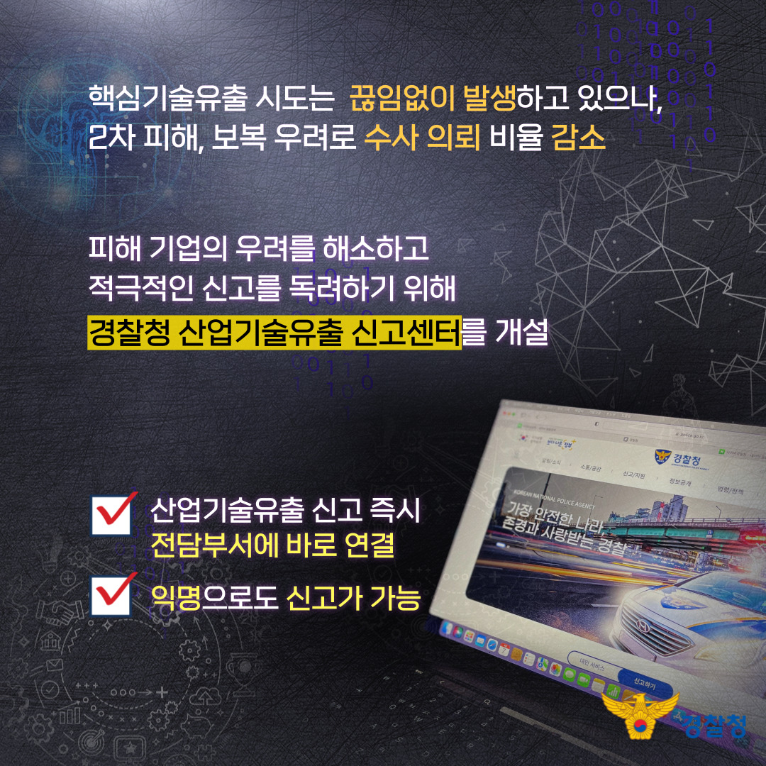핵심기술유출 시도는 끊임없이 발생하고 있으나, 2차 피해, 보복 우려로 수사 의뢰 비율 감소. 피해 기업의 우려를 해소하고 적극적인 신고를 독려하기 위해 경찰청 산업기술유출 신고센터를 개설. 산업기술유출 신고 즉시 전담부서에 바로 연결. 익명으로도 신고가 가능
