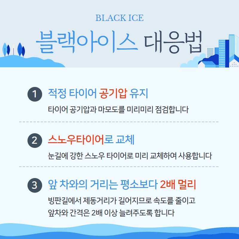 BLACK ICE
블랙아이스 대응법
① 적정 타이어 공기압 유지
타이어 공기압과 마모도를 미리미리 점검합니다
② 스노우타이어로 교체
눈길에 강한 스노우 타이어로 미리 교체하여 사용합니다
③ 앞 차와의 거리는 평소보다 2배 멀리
빙판길에서 제동거리가 길어지므로 속도를 줄이고 앞차와 간격은 2배 이상 늘려주도록 합니다