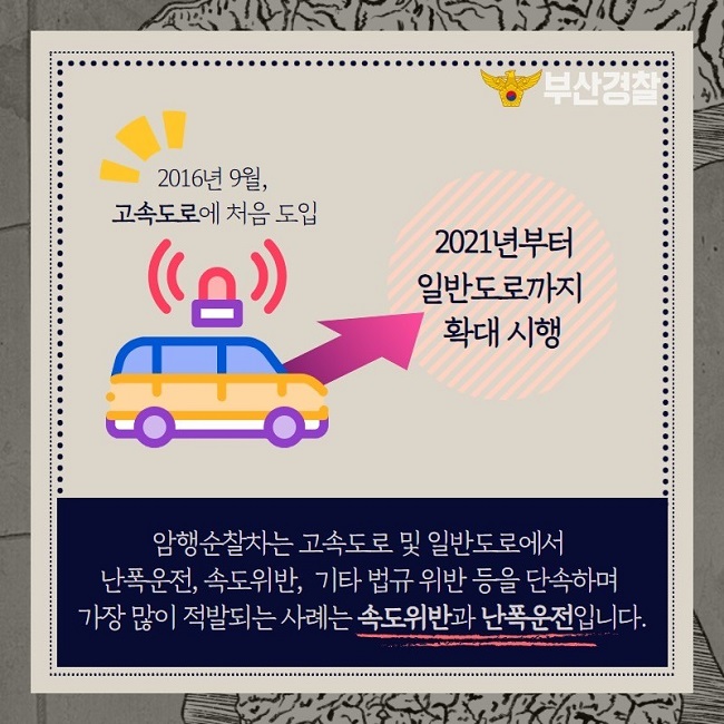 부산경찰
2016년 9월, 고속도로에 처음 도입
2021년부터 일반도로까지 확대 시행
암행순찰차는 고속도로 및 일반도로에서 난폭운전, 속도위반, 기타 법규 위반 등을 단속하며 가장 많이 적발되는 사례는 속도위반과 난폭운전입니다.
