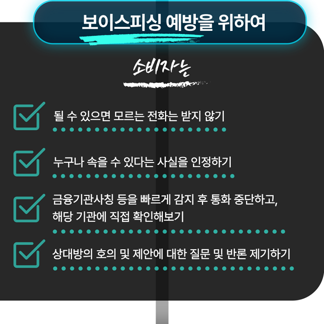 보이스피싱 예방을 위하여
소비자는
∨ 될 수 있으면 모르는 전화는 받지 않기
∨ 누구나 속을 수 있다는 사실을 인정하기
∨ 금융기관사칭 등을 빠르게 감지 후 통화 중단하고, 해당 기관에 직접 확인해보기
∨ 상대방의 호의 및 제안에 대한 질문 및 반론 제기하기