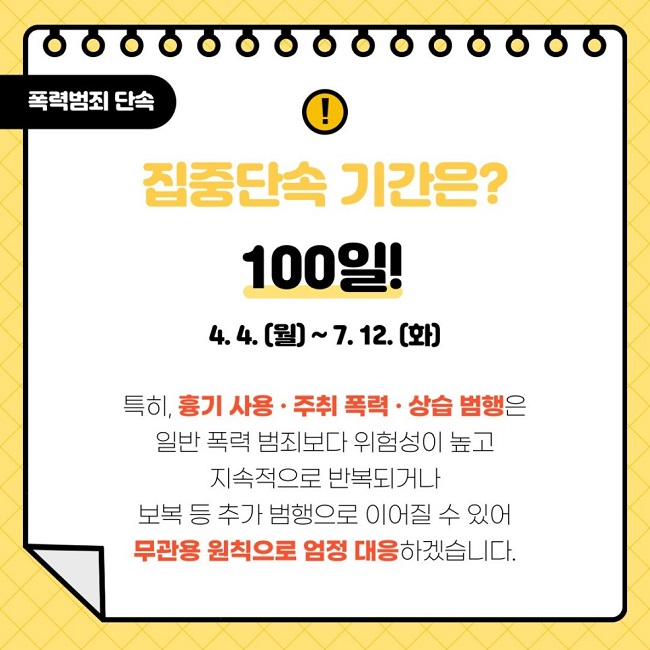 폭력범죄 단속
! 집중단속 기간은?
100일!
4. 4. (월) ~ 7. 12. (화)
특히, 흉기 사용·주취 폭력·상습 범행은 일반 폭력 범죄보다 위험성이 높고 지속적으로 반복되거나 보복 등 추가 범행으로 이어질 수 있어 무관용 원칙으로 엄정 대응 하겠습니다.