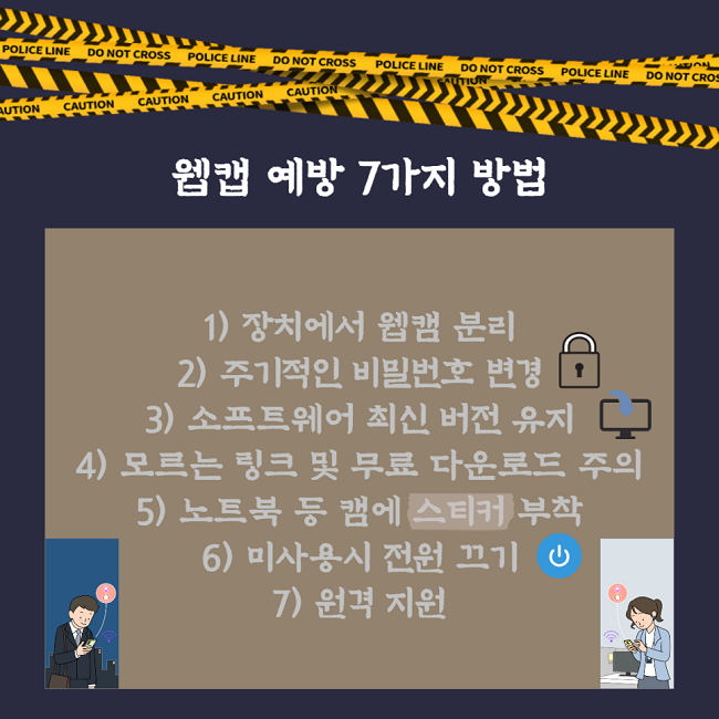 웹캠 예방 7가지 방법
1) 장치에서 웹캠 분리
2) 주기적인 비밀번호 변경
3) 소프트웨어 최신 버전 유지
4) 모르는 링크 및 무료 다운로드 주의
5) 노트북 등 캠에 스티커 부착
6) 미사용시 전원 끄기
7) 원격 지원