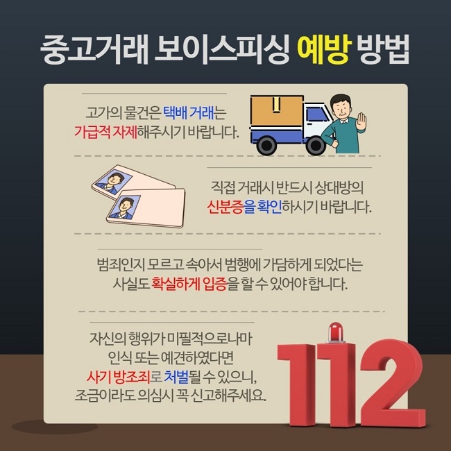 중고거래 보이스피싱 예방 방법
고가의 물건은 택배 거래는 가급적 자제해주시기 바랍니다.
직접 거래시 반드시 상대방의 신분증을 확인하시기 바랍니다.
범죄인지 모르고 속아서 범행에 가담하게 되었다는 사실도 확실하게 입증을 할 수 있어야 합니다.
자신의 행위가 미필적으로나마 인식 또는 예견하였다면 사기 방조죄로 처벌될 수 있으니, 조금이라도 의심시 꼭 신고해주세요.
112