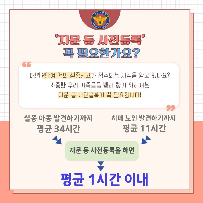 완도경찰서 WANDO POLICE STATION
'지문 등 사전등록' 꼭 필요한가요?
"매년 2만여 건의 실종신고가 접수되는 사실을 알고 있나요? 소중한 우리 가족들을 빨리 찾기 위해서는 지문 등 사전등록이 꼭 필요합니다!"
실종 아동 발견하기까지 평균 34시간
치매 노인 발견하기까지 평균 11시간
↓
지문 등 사전등록을 하면
↓
평균 1시간 이내