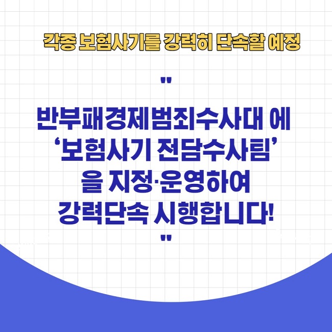 각종 보험사기를 강력히 단속할 예정
"반부패경제범죄수사대에 '보험사기 전담수사팀'을 지정·운영하여 강력단속 시행합니다!"