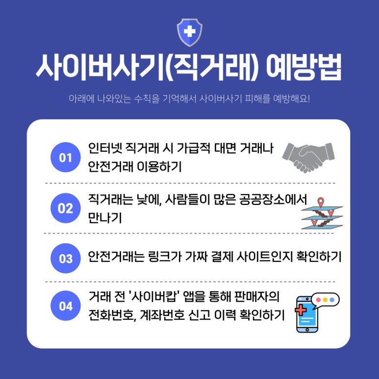 사이버사기(직거래) 예방법
아래에 나와있는 수칙을 기억해서 사이버사기 피해를 예방해요!
01 인터넷 직거래 시 가급적 대면 거래나 안전거래 이용하기
02 직거래는 낮에, 사람들이 많은 공공장소에서 만나기
03 안전거래는 링크가 가짜 결제 사이트인지 확인하기
04 거래 전 '사이버캅' 앱을 통해 판매자의 전화번호, 계좌번호 신고 이력 확인하기