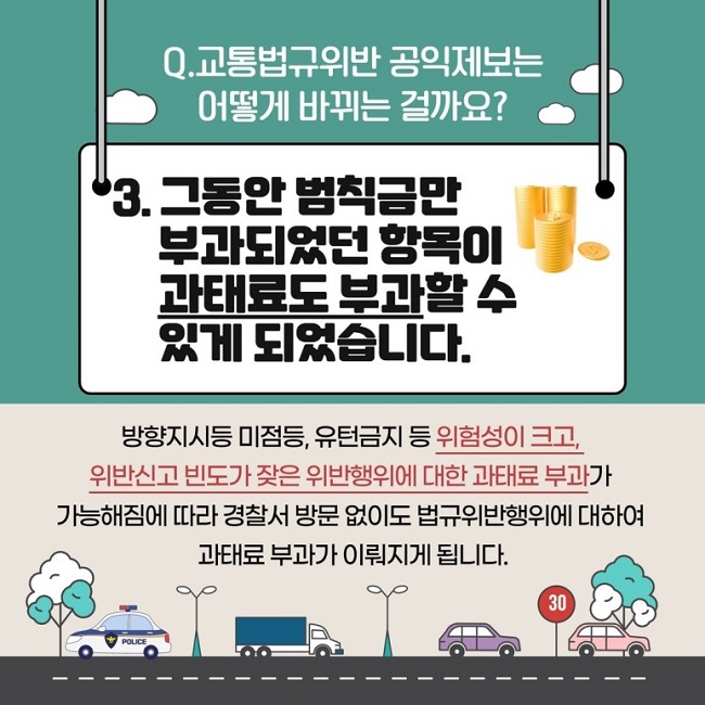 Q. 교통법규위반 공익제보는 어떻게 바뀌는 걸까요?
3. 그동안 범칙금만 부과되었던 항목이 과태료도 부과할 수 있게 되었습니다.
방향지시등 미점등, 유턴금지 등 위험성이 크고, 위반신고 빈도가 잦은 위반행위에 대한 과태료 부과가 가능해짐에 따라 경찰서 방문 없이도 법규위반행위에 대하여 과태료 부과가 이뤄지게 됩니다.