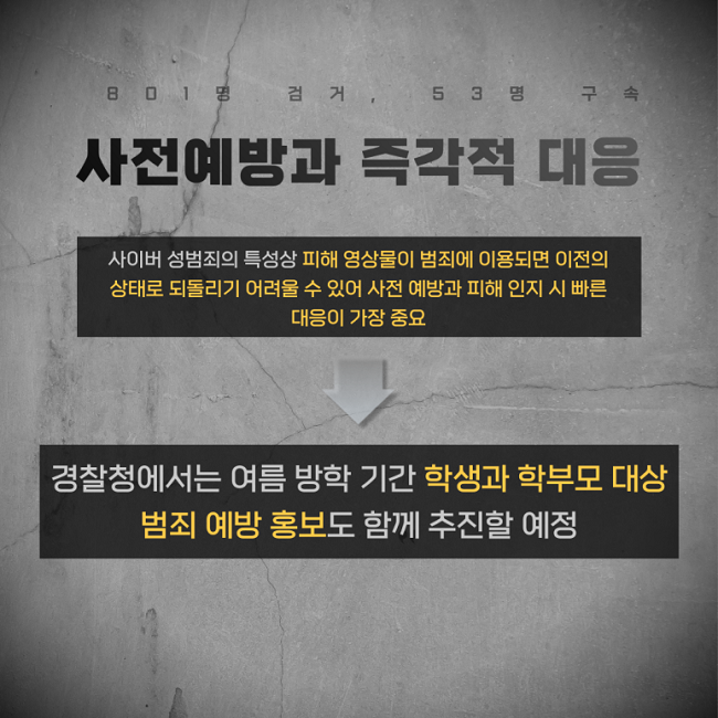 801명 검거, 53명 구속
사전예방과 즉각적 대응
사이버 성범죄의 특성상 피해 영상물이 범죄에 이용되면 이전의 상태로 되돌리기 어려울 수 있어 사전 예방과 피해 인지 시 빠른 대응이 가장 중요
↓
경찰청에서는 여름 방학 기간 학생과 학부모 대상 범죄 예방 홍보도 함께 추진할 예정