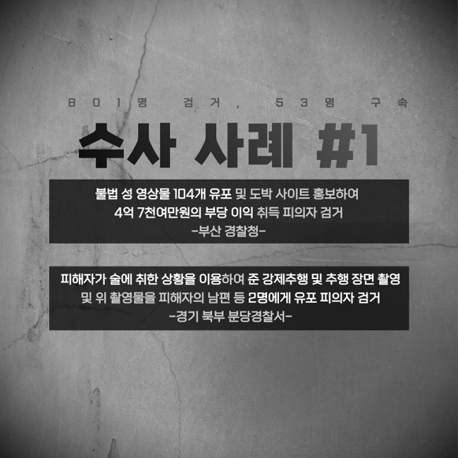 801명 검거, 53명 구속
수사 사례 #1
불법 성 영상물 104개 유포 및 도박 사이트 홍보하여 4억 7천여만원의 부당 이익 취득 피의자 검거 -부산 경찰청-
피해자가 술에 취한 상황을 이용하여 준 강제추행 및 추행 장면 촬영 및 위 촬영물을 피해자의 남편 등 2명에게 유포 피의자 검거 -경기 북부 분당경찰서-