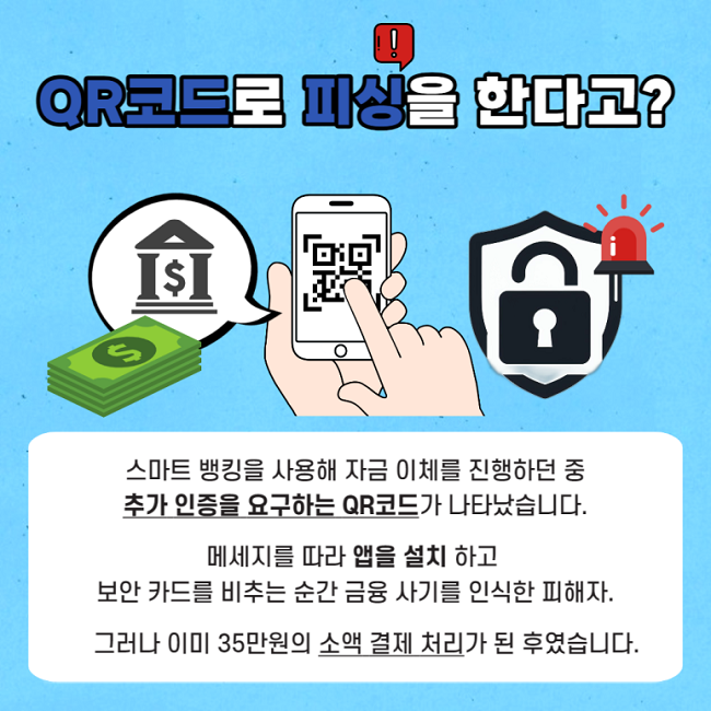 QR코드로 피싱을 한다고?
스마트 뱅킹을 사용해 자금 이체를 진행하던 중 추가 인증을 요구하는 QR코드가 나타났습니다.
메시지를 따라 앱을 설치하고 보안 카드를 비추는 순간 금융 사기를 인식한 피해자.
그러나 이미 35만원의 소액 결제 처리가 된 후였습니다.