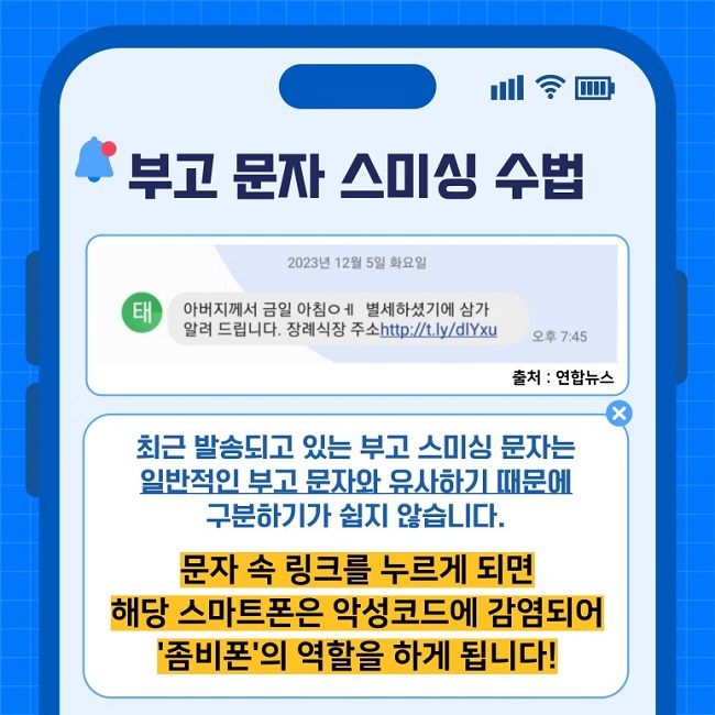 부고 문자 스미싱 수법
2023년 12월 5일 화요일
아버지께서 금일 아침ㅇㅔ 별세하셨기에 삼가 알려 드립니다. 장례식장 주소http://t.ly/dlYxu 오후 7:45
출처 : 연합뉴스
최근 발송되고 있는 부고 스미싱 문자는 일반적인 부고 문자와 유사하기 때문에 구분하기가 쉽지 않습니다.
문자 속 링크를 누르게 되면 해당 스마트폰은 악성코드에 감염되어 '좀비폰'의 역할을 하게 됩니다!