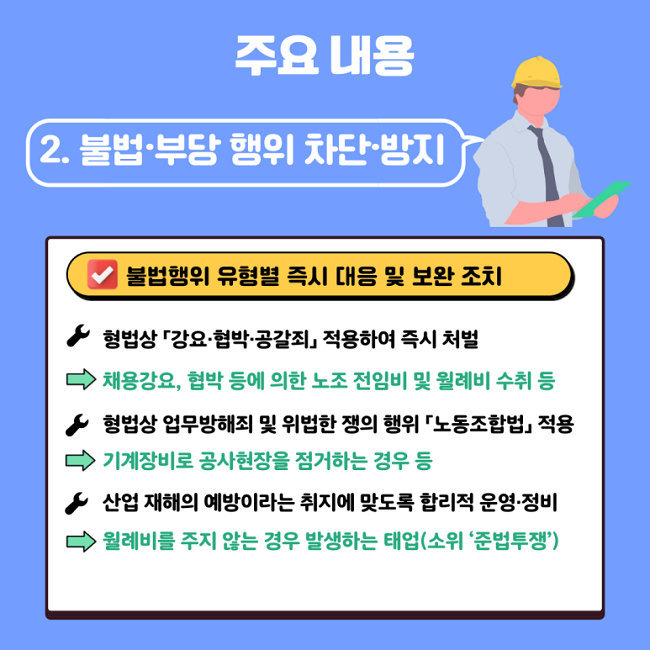 주요 내용
2. 불법·부당 행위 차단·방지
∨ 불법행위 유형별 즉시 대응 및 보완 조치
ㆍ형법상 「강요·협박·공갈죄」 적용하여 즉시 처벌
→ 채용강요, 협박 등에 의한 노조 전임비 및 월례비 수취 등
ㆍ형법상 업무방해죄 및 위법한 쟁의 행위 「노동조합법」 적용
→ 기계장비로 공사현장을 점거하는 경우 등
ㆍ산업 재해의 예방이라는 취지에 맞도록 합리적 운영·정비
→ 월례비를 주지 않는 경우 발생하는 태업(소위 '준법투쟁')