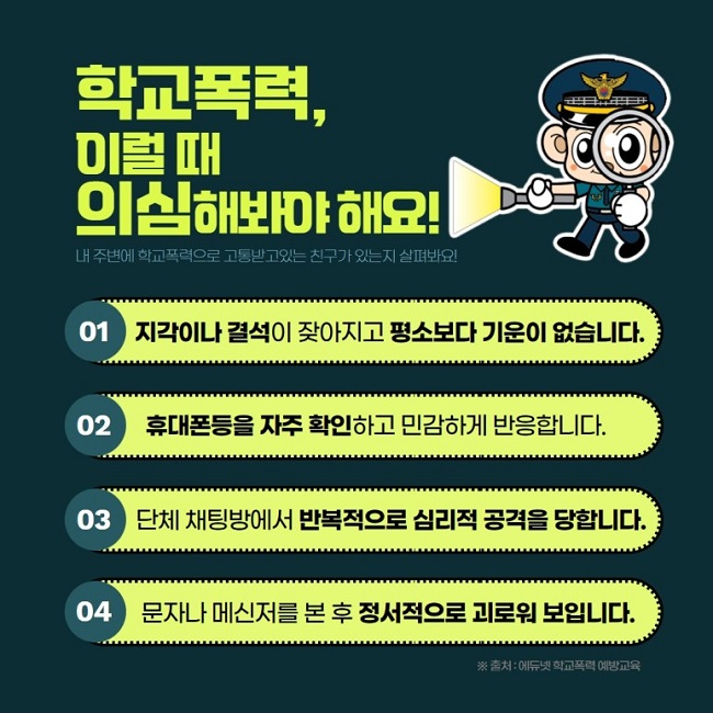 학교폭력, 이럴 때 의심해봐야 해요!
내 주변에 학교폭력으로 고통받고있는 친구가 있는지 살펴봐요!
01 지각이나 결석이 잦아지고 평소보다 기운이 없습니다.
02 휴대폰등을 자주 확인하고 민감하게 반응합니다.
03 단체 채팅방에서 반복적으로 심리적 공격을 당합니다.
04 문자나 메신저를 본 후 정서적으로 괴로워 보입니다.
※ 출처 : 에듀넷 학교폭력 예방교육