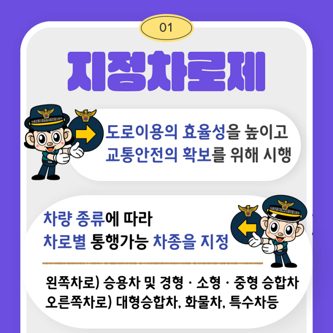 01
지정차로제
→ 도로이용의 효율성을 높이고 교통안전의 확보를 위해 시행
차량 종류에 따라 차로별 통행가능 차종을 지정
왼쪽차로) 승용차 및 경형·소형·중형 승합차
오른쪽차로) 대형승합차, 화물차, 특수차등
