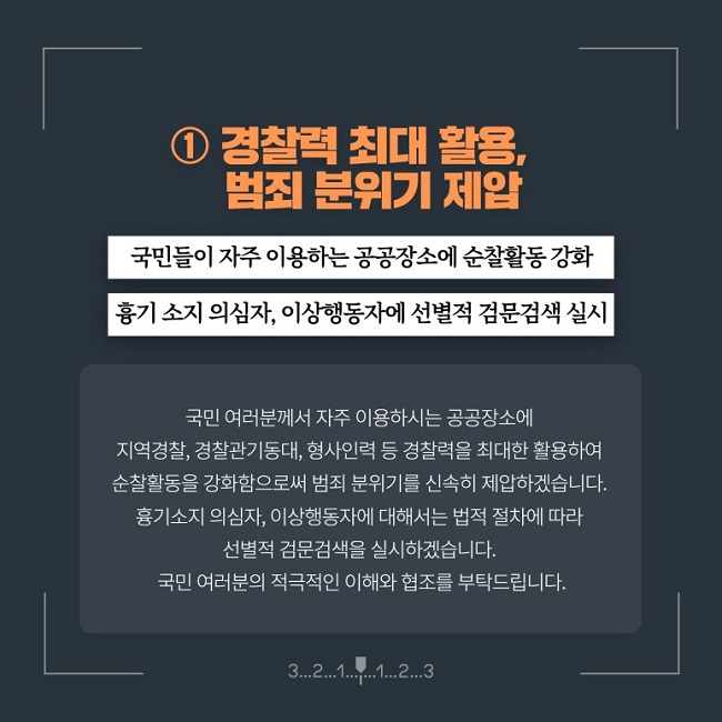 ① 경찰력 최대 활용, 범죄 분위기 제압
국민들이 자주 이용하는 공공장소에 순찰활동 강화
흉기 소지 의심자, 이상행동자에 선별적 검문검색 실시
국민 여러분께서 자주 이용하시는 공공장소에 지역경찰, 경찰관기동대, 형사인력 등 경찰력을 최대한 활용하여 순찰활동을 강화함으로써 범죄 분위기를 신속히 제압하겠습니다.
흉기소지 의심자, 이상행동자에 대해서는 법적 절차에 따라 선별적 검문검색을 실시하겠습니다.
국민 여러분의 적극적인 이해와 협조를 부탁드립니다.