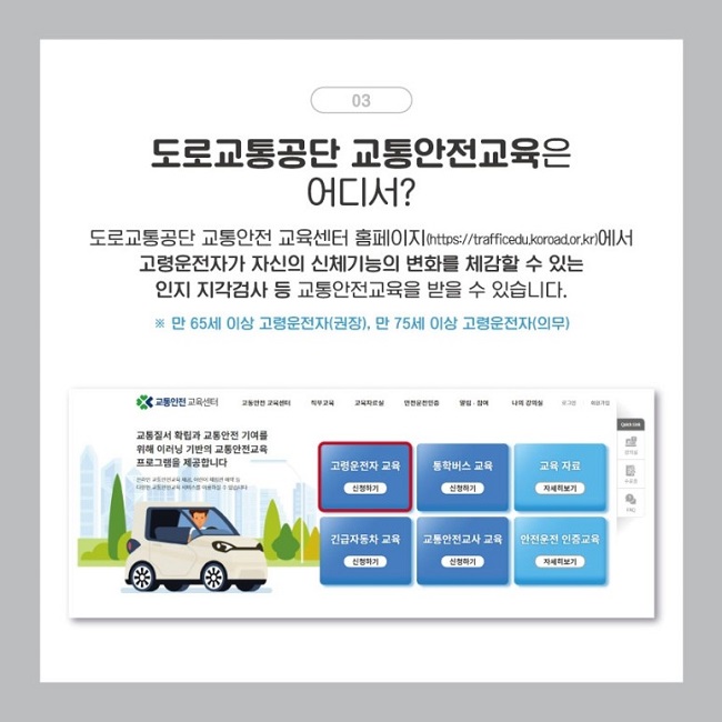 03
도로교통공단 교통안전교육은 어디서?
도로교통공단 교통안전 교육센터 홈페이지(https://trafficedu.koroad.or.kr)에서 고령운전자가 자신의 신체기능의 변화를 체감할 수 있는 인지 지각검사 등 교통안전교육을 받을 수 있습니다.
※ 만 65세 이상 고령운전자(권장), 만 75세 이상 고령운전자(의무)