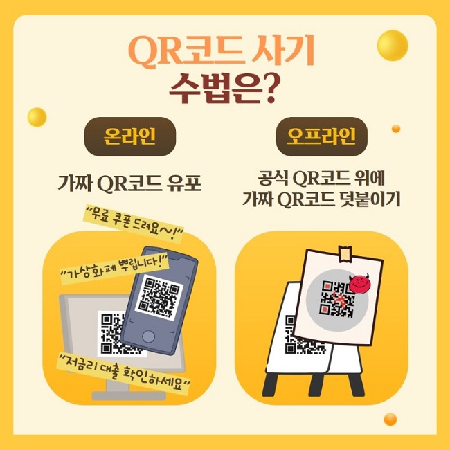 QR코드 사기 수법은?
온라인
가짜 QR코드 유포
"무료 쿠폰 드려요~!"
"가상화폐 뿌립니다!"
"저금리 대출 확인하세요"

오프라인
공식 QR코드 위에 가짜 QR코드 덧붙이기