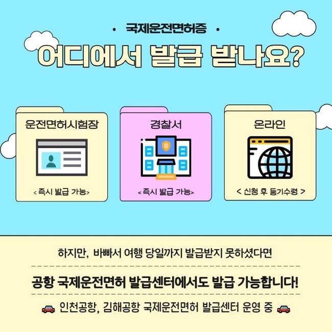 ㆍ국제운전면허증ㆍ
어디에서 발급 받나요?
운전면허시험장 <즉시 발급 가능>
경찰서 <즉시 발급 가능>
온라인 <신청 후 등기수령>
하지만, 바빠서 여행 당일까지 발급받지 못하셨다면
공항 국제운전면허 발급센터에서도 발급 가능합니다!
인천공항, 김해공항 국제운전면허 발급센터 운영 중