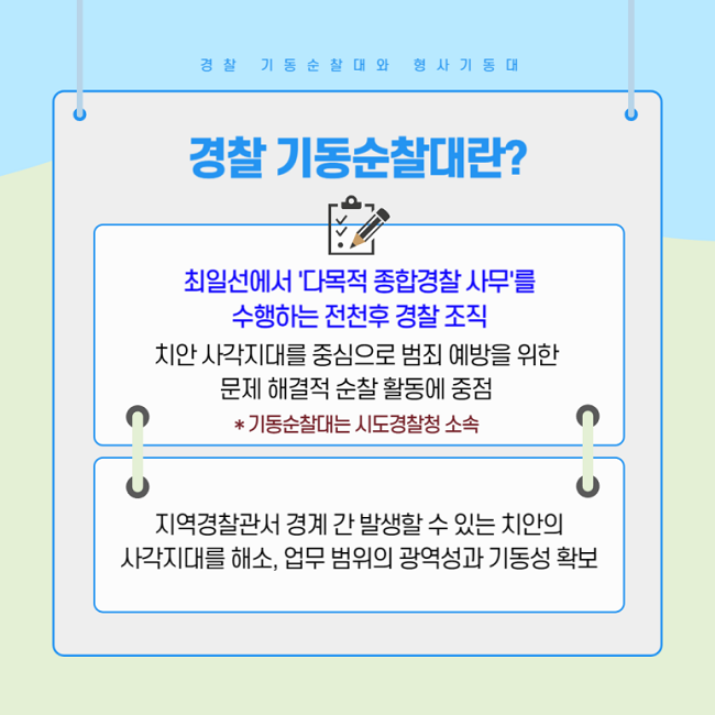 경찰 기동순찰대와 형사기동대
경찰 기동순찰대란?
최일선에서 '다목적 종합경찰 사무'를 수행하는 전천후 경찰 조직
치안 사각지대를 중심으로 범죄 예방을 위한 문제 해결적 순찰 활동에 중점
* 기동순찰대는 시도경찰청 소속
지역경찰관서 경계 간 발생할 수 있는 치안의 사각지대를 해소, 업무 범위의 광역성과 기동성 확보