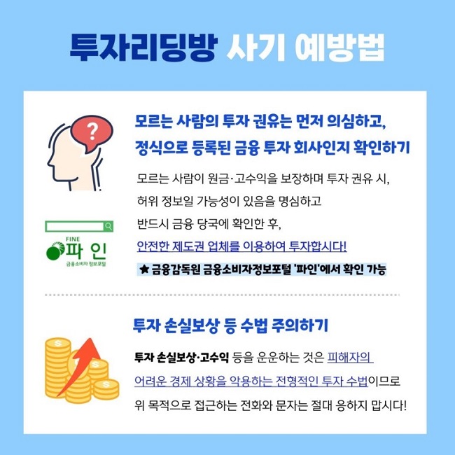 투자리딩방 사기 예방법
모르는 사람의 투자 권유는 먼저 의심하고,
정식으로 등록된 금융 투자 회사인지 확인하기
모르는 사람이 원금·고수익을 보장하며 투자 권유 시,
허위 정보일 가능성이 있음을 명시하고
반드시 금융 당국에 확인한 후,
안전한 제도권 업체를 이용하여 투자합시다!
★금융감독원 금융소비자정보포털 '파인'에서 확인 가능

투자 손실보상 등 수법 주의하기
투자 손실보상·고수익 등을 운운하는 것은 피해자의
어려운 경제 상황을 악용하는 전형적인 투자 수법이므로
위 목적으로 접근하는 전화와 문자는 절대 응하지 맙시다!