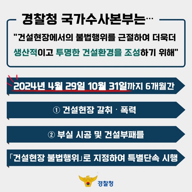 경찰청 국가수사본부는···
"건설현장에서의 불법행위를 근절하여 더욱더 생산적이고 투명한 건설환경을 조성하기 위해"
2024년 4월 29일 10월 31일까지 6개월 간
① 건설현장 갈취·폭력
② 부실 시공 및 건설부패를
「건설현장 불법행위」로 지정하여 특별단속 시행
경찰청