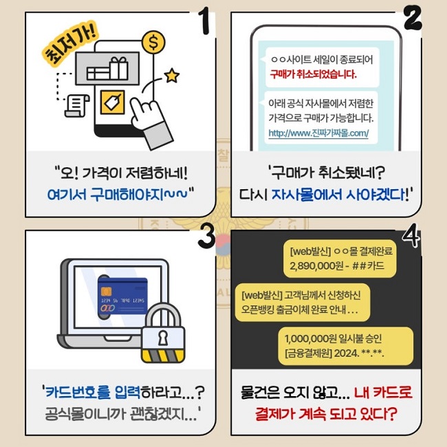 1
최저가!
"오! 가격이 저렴하네! 여기서 구매해야지~~"
2
ㅇㅇ사이트 세일이 종료되어
구매가 취소되었습니다.
아래 공식 자사몰에서 저렴한
가격으로 구매가 가능합니다.
http://www.진짜가짜몰.com/
'구매가 취소됐네? 다시 자사몰에서 사야겠다!'
3
'카드번호를 입력하라고...? 공식몰이니까 괜찮겠지...'
4
[web발신]ㅇㅇ몰 결제완료
2,890,000원- ##카드
[web발신] 고객님께서 신청하신
오픈뱅킹 출금이체 완료 안내...
1,000,000원 일시불 승인
[금융결제원] 2024.**.**.
물건은 오지 않고... 내 카드로
결제가 계속 되고 있다?