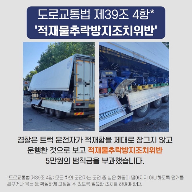 도로교통법 제39조 4항*
'적재물추락방지조치위반'
경찰은 트럭 운전자가 적재함을 제대로 잠그지 않고
운행한 것으로 보고 적재물추락방지조치위반
5만원의 범칙금을 부과했습니다.
*도로교통법 제39조 4항: 모든 차의 운전자는 운전 중 실은 화물이 떨어지지 아니하도록 덮개를
씌우거나 묶는 등 확실하게 고정될 수 있도록 필요한 조치를 하여야 한다.