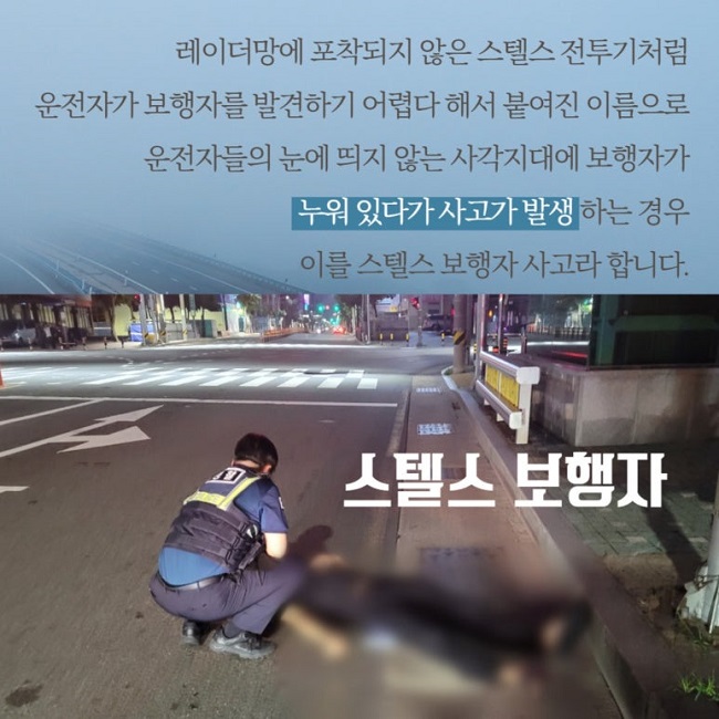 레이더망에 포착되지 않은 스텔스 전투기처럼
운전자가 보행자를 발견하기 어렵다 해서 붙여진 이름으로
운전자들의 눈에 띄지 않는 사각지대에 보행자가
누워 있다가 사고가 발생하는 경우
이를 스텔스 보행자 사고라 합니다.
스텔스 보행자