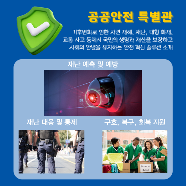 공공안전 특별관
기후변화로 인한 자연 재해, 재난, 대형 화재,
교통 사고 등에서 국민의 생명과 재산을 보장하고
사회의 안녕을 유지하는 안전 혁신 솔루션 소개
재난 예측 및 예방
재난 대응 및 통제
구호, 복구, 회복 지원