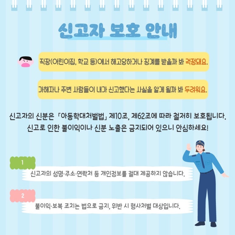 신고자 보호 안내
직장(어린이집, 학교 등)에서 해고당하거나 징계를 받을까 봐 걱정돼요.
가해자나 주변 사람들이 내가 신고했다는 사실을 알게 될까 봐 두려워요.
신고자의 신분은 「아동학대처벌법」 제10조, 제62조에 따라 철저히 보호됩니다.
신고로 인한 불이익이나 신분 노출은 금지되어 있으니 안심하세요!
1 신고자의 성명·주소·연락처 등 개인정보를 절대 제공하지 않습니다.
2 불이익·보복 조치는 법으로 금지, 위반 시 형사처벌 대상입니다.