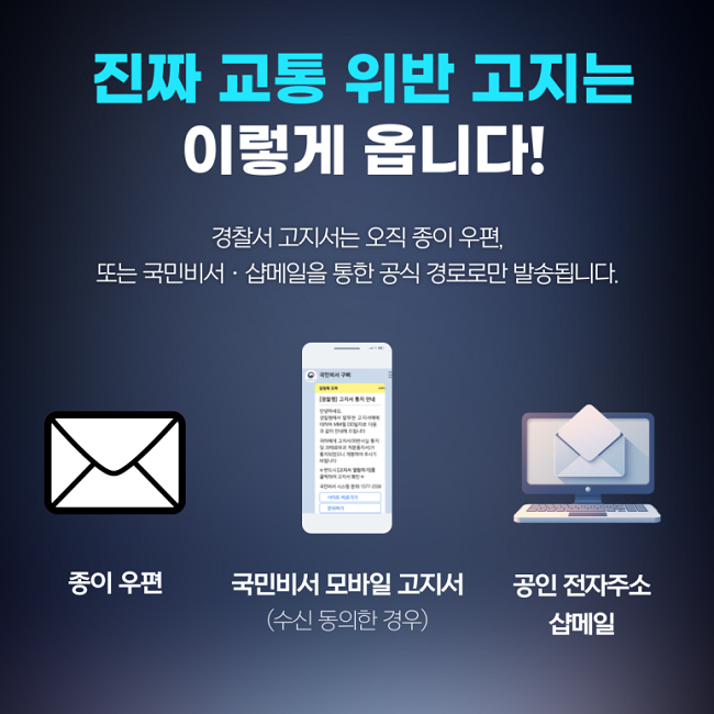 진짜 교통 위반 고지는
이렇게 옵니다!
경찰서 고지서는 오직 종이 우편,
또는 국민비서·샵메일을 통한 공식 경로로만 발송됩니다.
종이 우편
국민비서 모바일 고지서(수신 동의한 경우)
공인 전자주소 샵메일