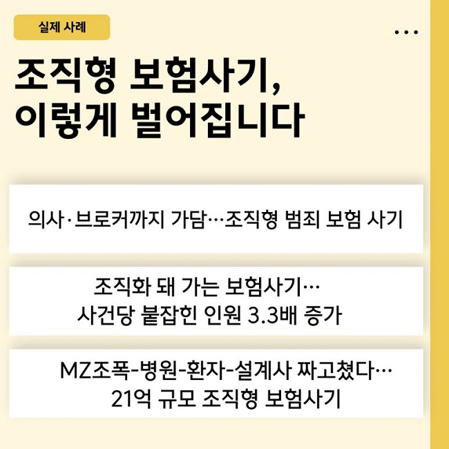실제 사례
조직형 보험사기,
이렇게 벌어집니다
의사·브로커까지 가담···조직형 범죄 보험 사기
조직화 돼 가는 보험사기···
사건당 붙잡힌 인원 3.3배 증가
MZ조폭-병원-환자-설계사 짜고쳤다···
21억 규모 조직형 보험사기