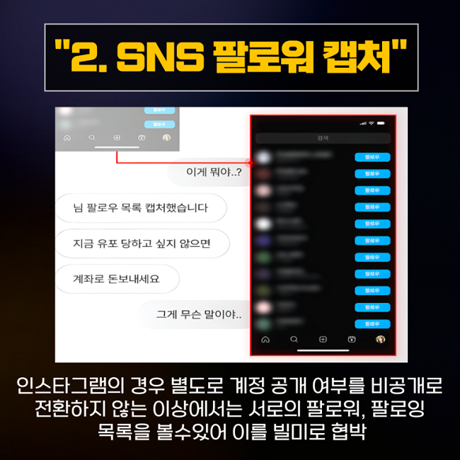 "2. SNS 팔로워 캡처"
이게 뭐야..?
님 팔로우 목록 캡처했습니다
지금 유포 당하고 싶지 않으면
계좌로 돈보내세요
그게 무슨 말이야..
인스타그램의 경우 별도로 계정 공개 여부를 비공개로
전환하지 않는 이상에서는 서로의 팔로워, 팔로잉
목록을 볼수있어 이를 빌미로 협박