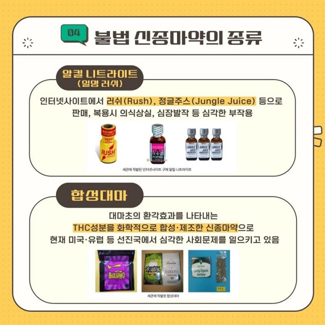 04 불법 신종마약의 종류
알킬 니트라이트(일명 러쉬)
인터넷사이트에서 러쉬(Rush), 정글주스(Jungle Juice) 등으로
판매, 복용시 의식상실, 심장발작 등 심각한 부작용
합성대마
대마초의 환격효과를 나타내는
THC성분을 화학적으로 합성·제조한 신종마약으로
현재 미국·유럽 등 선진국에서 심각한 사회문제를 일으키고 있음