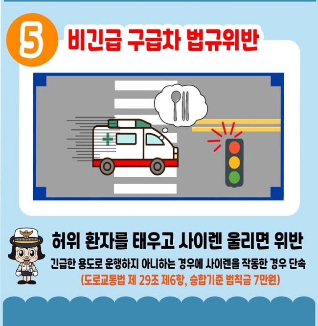 5 비긴급 구급차 법규위반
허위 환자를 태우고 사이렌 울리면 위반
긴급한 용도로 운행하지 아니하는 경우에 사이렌을 작동한 경우 단속
(도로교통법 제29조 제6항, 승합기준 범칙금 7만원)