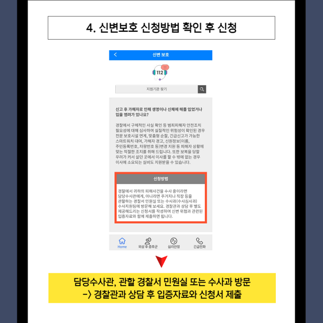 4. 신변보호 신청방법 확인 후 신청
담당수사관, 관할 경찰서 민원실 또는 수사과 방문
→ 경찰관과 상담 후 입증자료와 신청서 제출