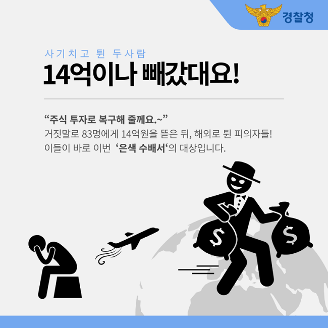 경찰청
사기치고 튄 두사람
14억이나 빼갔대요!
"주식 투자로 복구해 줄께요.~"
거짓말로 83명에게 14억원을 뜯은 뒤, 해외로 튄 피의자들!
이들이 바로 이번 '은색 수배서'의 대상입니다.
