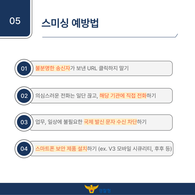 05 스미싱 예방법
01 불분명한 송신자가 보낸 URL 클릭하지 말기
02 의심스러운 전화는 일단 끊고, 해당 기관에 직접 전화하기
03 업무, 일상에 불필요한 국제 발신 문자 수신 차단하기
04 스마트폰 보안 제품 설치하기 (ex. V3 모바일 시큐리티, 후후 등)
경찰청