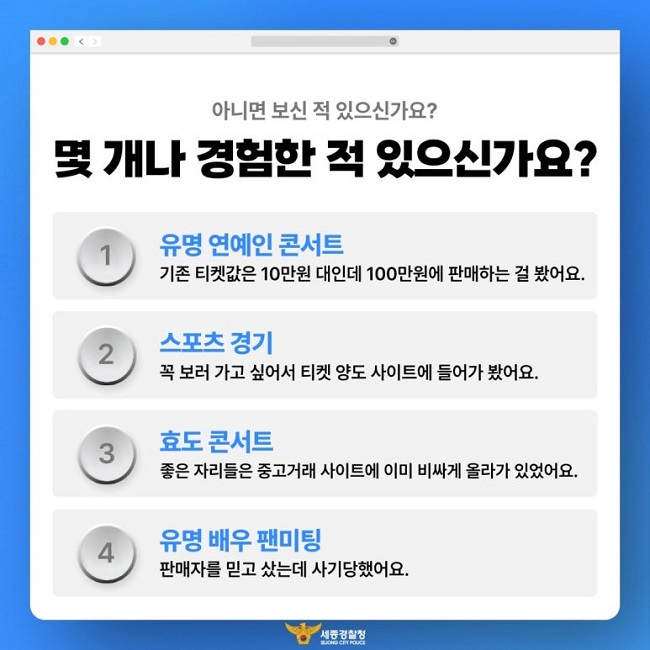 아니면 보신 적 있으신가요?
몇 개나 경험한 적 있으신가요?
① 유명 연예인 콘서트
기존 티켓값은 10만원 대인데 100만원에 판매하는 걸 봤어요.
② 스포츠 경기
꼭 보러 가고 싶어서 티켓 양도 사이트에 들어가 봤어요.
③ 효도 콘서트
좋은 자리들은 중고거래 사이트에 이미 비싸게 올라가 있었어요.
④ 유명 배우 팬미팅
판매자를 믿고 샀는데 사기당했어요.
세종경찰청
SEJONG CITY POLICE