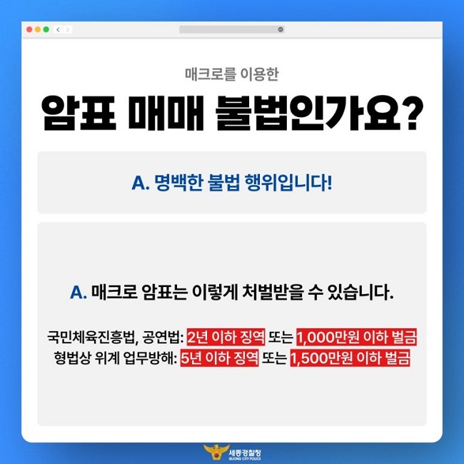 매크로를 이용한
암표 매매 불법인가요?
A. 명백한 불법 행위입니다!
A. 매크로 암표는 이렇게 처벌받을 수 있습니다.
국민체육진흥법, 공연법: 2년 이하 징역 또는 1,000만원 이하 벌금
형법상 위계 업무방해: 5년 이하 징역 또는 1,500만원 이하 벌금
세종경찰청
SEJONG CITY POLICE