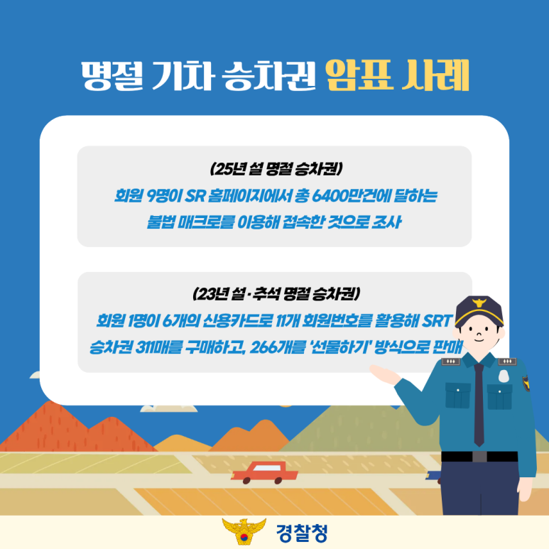명절 기차 승차권 암표 사례
(25년 설 명절 승차권)
회원 9명이 SR 홈페이지에서 총 6400만건에 달하는
불법 매크로를 이용해 접속한 것으로 조사
(23년 설·추석 명절 승차권)
회원 1명이 6개의 신용카드로 11개 회원번호를 활용해 SRT
승차권 311매를 구매하고, 266개를 '선물하기' 방식으로 판매
경찰청
