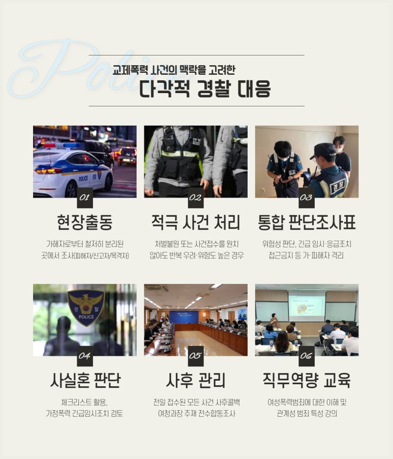 교제폭력 사건의 맥락을 고려한
다각적 경찰 대응
01 현장출동
가해자로부터 철저히 분리된
곳에서 조사(피해자/신고자/목격자)
02 적극 사건 처리
처벌불원 또는 사건접수를 원치
않아도 반복 우려·위험도 높은 경우
03 통합 판단조사표
위험성 판단, 긴급 임시·응급조치
접근금지 등 가·피해자 격리
04 사실혼 판단
체크리스트 활용,
가정폭력 긴급임시조치 검토
05 사후 관리
전일 접수된 모든 사건 사후콜백
여청과장 주재 전수합동조사
06 직무역량 교육
여성폭력범죄에 대한 이해 및
관계성 범죄 특성 강의