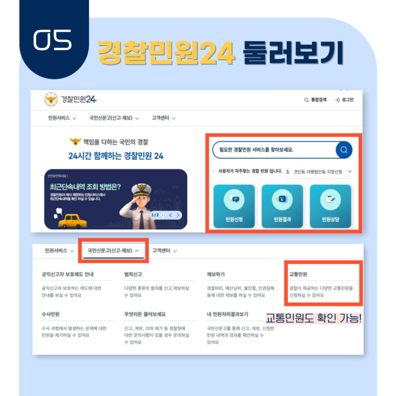 05 경찰민원24 둘러보기
필요한 경찰민원 서비스를 찾아보세요.
민원신청 민원결과 민원상담
국민신문고(신고·제보)
교통민원
교통민원도 확인 가능!