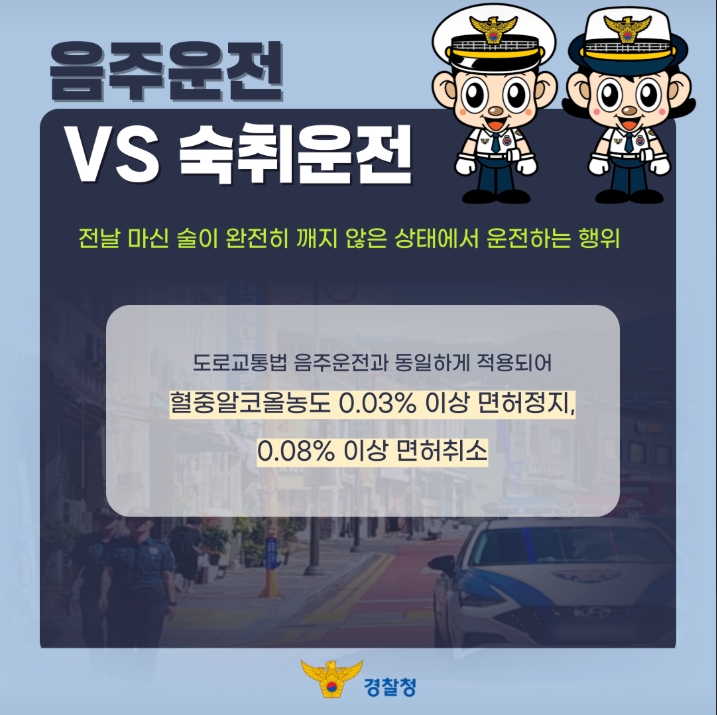 음주운전 VS 숙취운전
전날 마신 술이 완전히 깨지 않은 상태에서 운전하는 행위
도로교통법 음주운전과 동일하게 적용되어
혈중알콜농도 0.03% 이상 면허정지,
0.08% 이상 면허취소