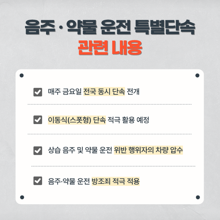음주·약물 운전 특별단속 관련 내용

매주 금요일 전국 동시 단속 전개

이동식(스폿형) 단속 적극 활용 예정

상습 음주 및 약물 운전 위반 행위자의 차량 압수

음주·약물 운전 방조죄 적극 적용