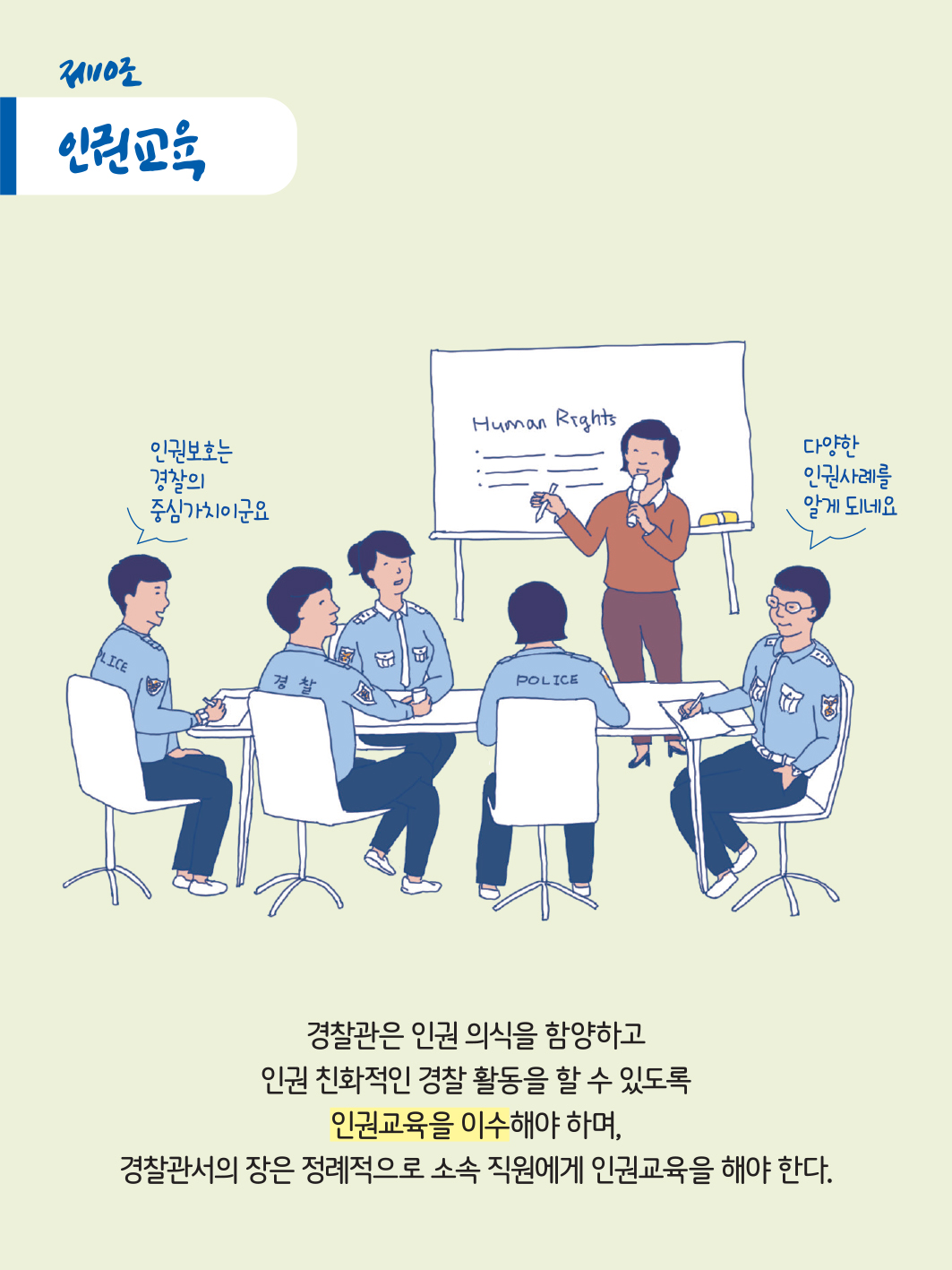 제10조 인권교육
                                            Human Rights 인권보호는 경찰의 중심가치이군요. 다양한 인권사례를 알게 되네요.
                                            경찰관은 인권 의식을 함양하고 인권친화적인 경찰 활동을 할 수 있도록 인권교육을 이수해야 하며, 경찰관서의 장은 정례적으로 소속 직원에게 인권교육을 해야 한다.