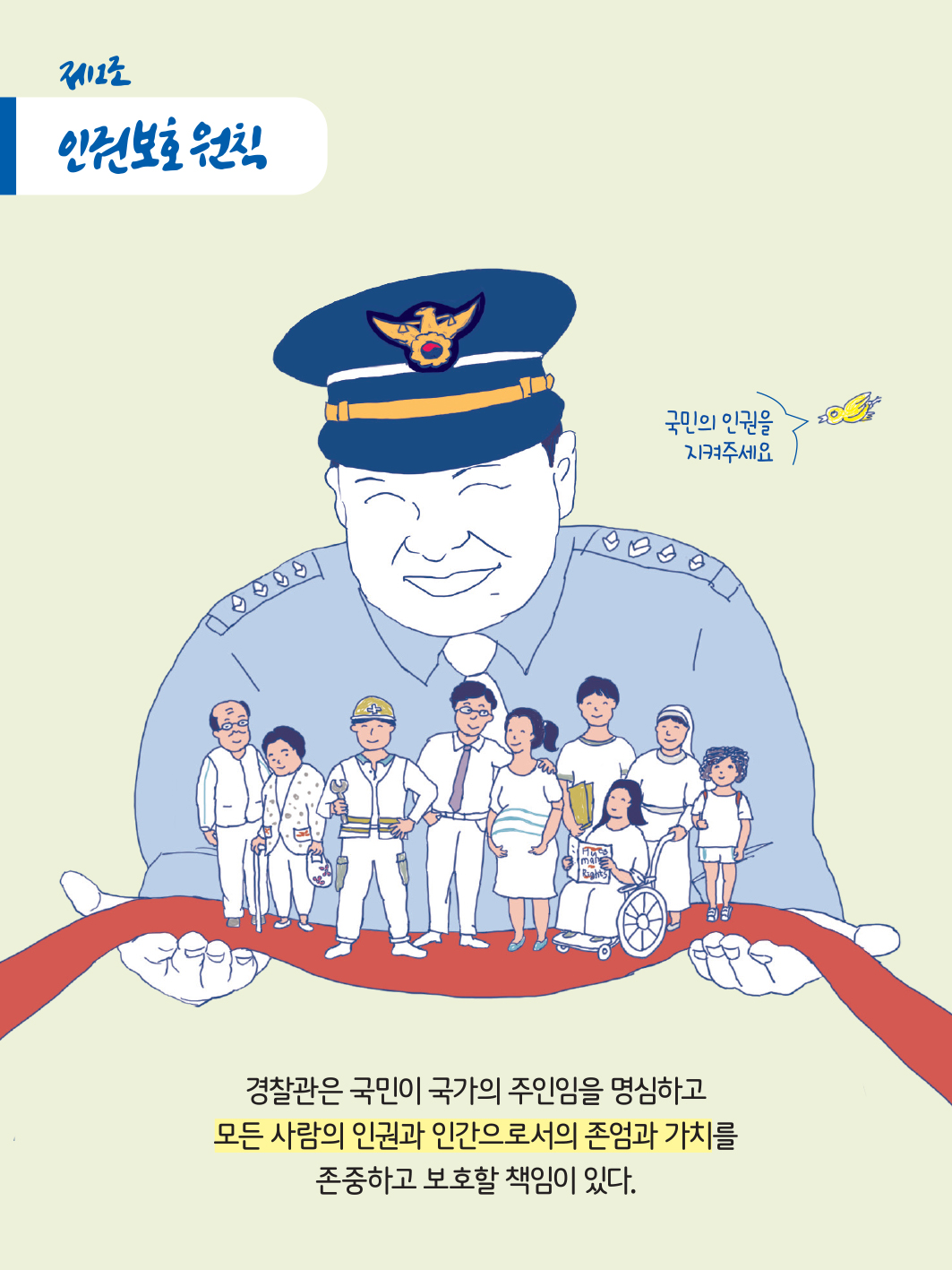 제1조 인권보호 원칙
        국민의 인권을 지켜주세요.
        경찰관은 국민이 국가의 주인임을 명심하고 모든 사람의 인권과 인간으로서의 존엄과 가치를 존중하고 보호할 책임이 있다.