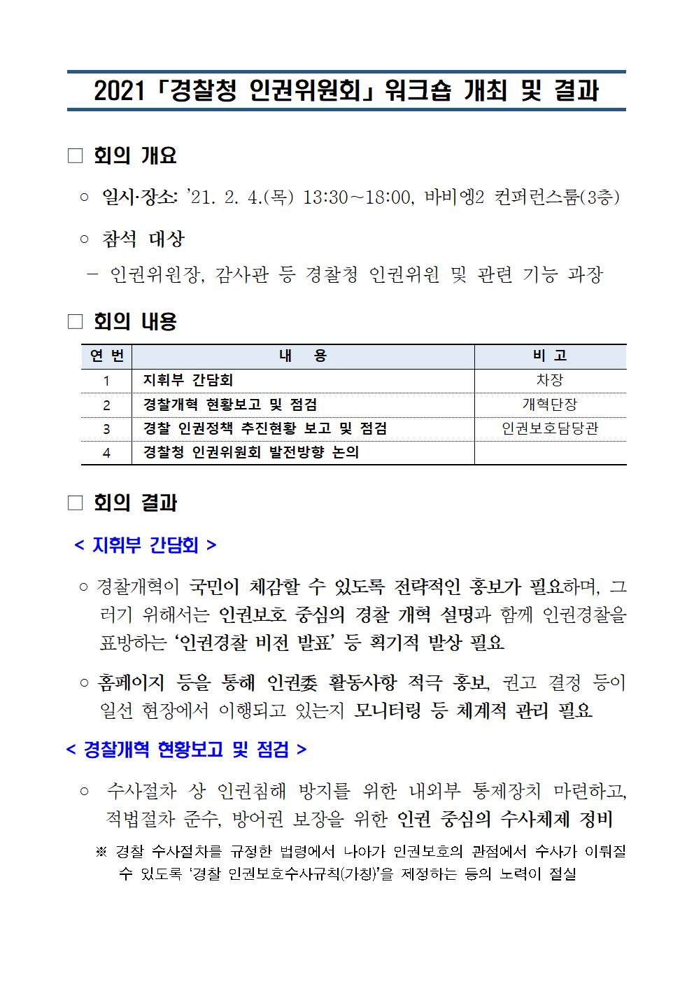 2021「경찰청 인권위원회」워크숍 개최 및 결과 아래설명