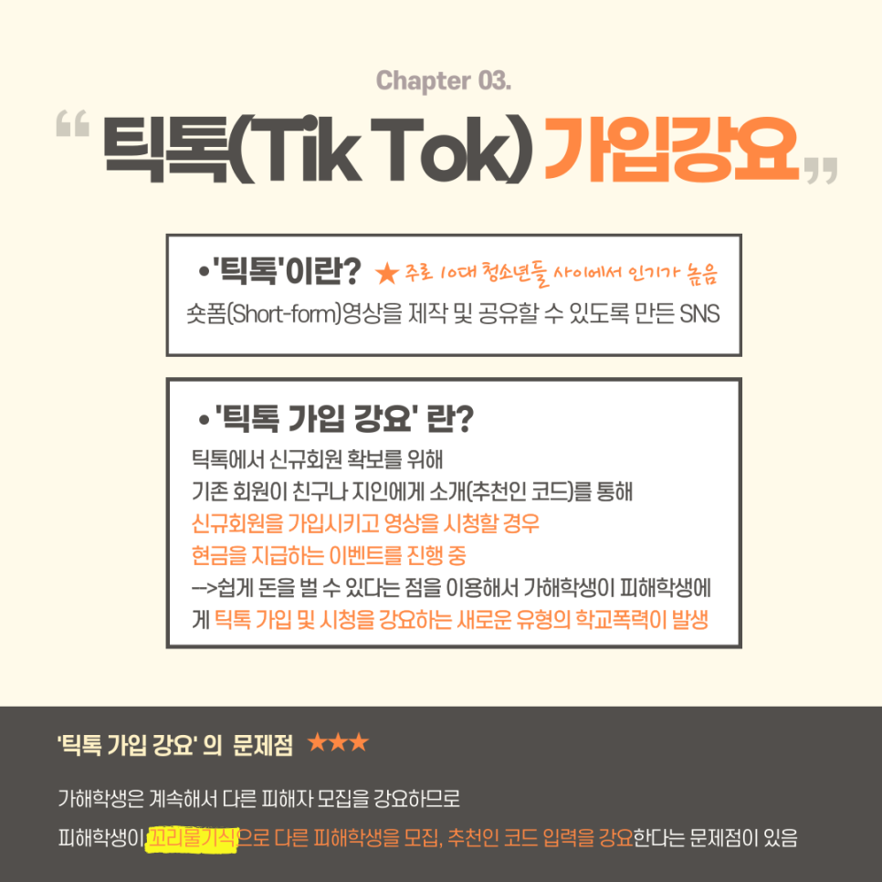 Chapter03. "틱톡(Tik Tok) 가입강요" ㆍ'틱톡'이란? ★ 주로 10대 청소년들 사이에서 인기가 높음 숏폼(Short-form)영상을 제작 및 공유할 수 있도록 만든 SNS ㆍ'틱톡 가입 강요'란? 틱톡에서 신규회원 확보를 위해 기존 회원이 친구나 지인에게 소개(추천인 코드)를 통해 신규회원을 가입시키고 영상을 시청할 경우 현금을 지급하는 이벤트를 진행 중 →쉽게 돈을 벌 수 있다는 점을 이용해서 가해학생이 피해학생에게 틱톡 가입 및 시청을 강요하는 새로운 유형의 학교폭력이 발생 '틱톡 가입 강요'의 문제점 ★★★ 가해학생은 계속해서 다른 피해자 모집을 강요하므로 피해학생이 꼬리물기식으로 다른 피해학생을 모집, 추천인 코드 입력을 강요한다는 문제점이 있음