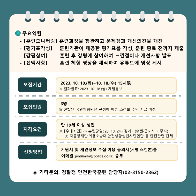 주요역할  - 【훈련 모니터링】 훈련과정을 참관하고 문제점과 개선의견을 개진  - 【평가표 작성】 훈련기관이 제공한 평가표를 작성, 훈련 종료 전까지 제출   - 【강평 참여】 훈련 후 강평에 참여하여 느낀 점이나 개선사항 발표  - 【선택 사항】 훈련 체험 영상을 제작하여 유튜브에 영상 게시  모집기간: 2023.10.10.(화)~10.18.(수) 15시限  ※ 결과발표: 2023. 10. 18.(월) 개별 통보 모집인원: 6명  ※ 선발된 국민체험단은 규정에 따른 소정의 수당 지급 예정 자격요건: 만 19세 이상 성인  ※ 【우대조건】 ① 훈련당일(’23.10.24.)경기도(수원·군포시 거주자) ② 자율방재단·의용소방대·안전생황실천시민연합 등 안전관련 단체 신청 방법: 지원서 및 개인정보 수집·이용 동의서(서명 스캔본)를 이메일(jeminada@police.go.kr) 송부 ◈ 기타문의: 경찰청 안전한국훈련 담당자(02-3150-2362)